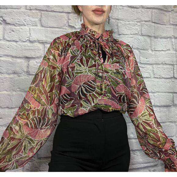 Elan Tops - Gorgeous,  Elan Semi Sheer Botanical Print Blouse with Gold Threading